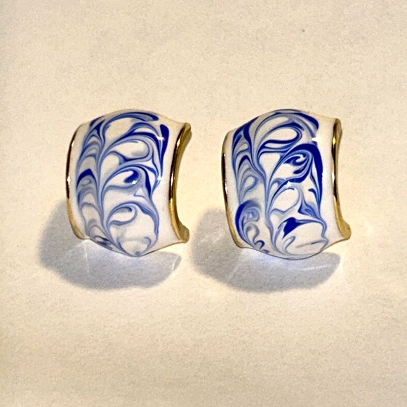 14K Gold Plated Blue | White Marbled Enamel Huggie Mini Hoops Earrings NEW - Picture 9 of 12